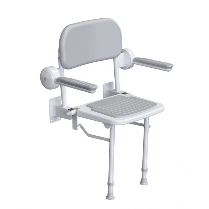 AKW 1000 Series 01122 Compact Wall Mounted Fold Up Grey Padded Shower Seat with Back and Arms