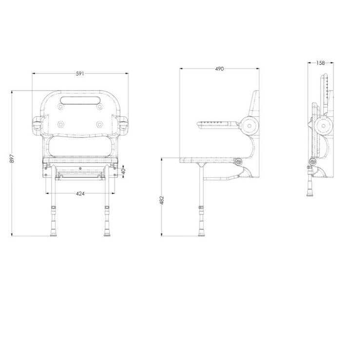 AKW 02230P Standard Fold Up Wall Mounted Shower Seat with Blue Padded Back and Arms