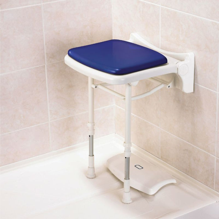 AKW 02200P Compact Fold Up Wall Mounted Shower Seat With Blue Padded Seat