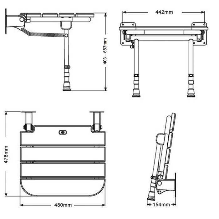 AKW 04030 Wooden Fold Up Slatted Wall Mounted Shower Seat