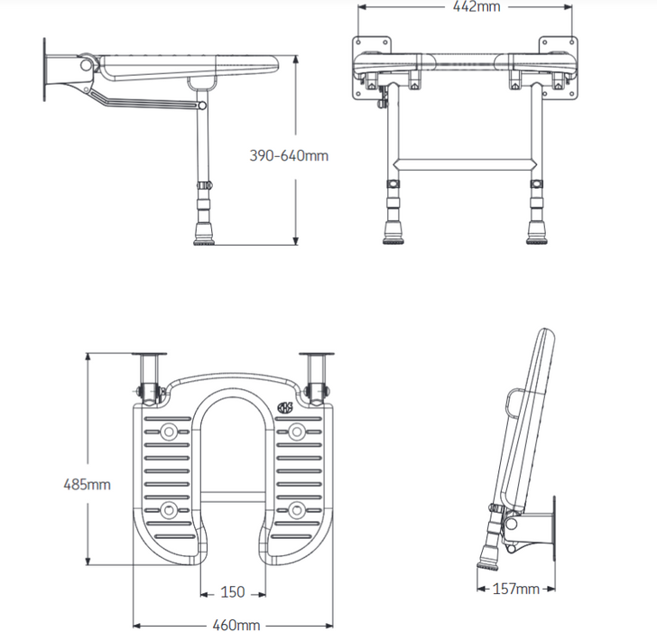 AKW 04100 Standard Unpadded Wall Mounted Horseshoe Shower Seat