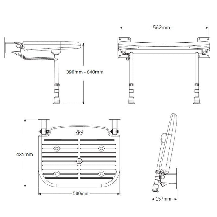 AKW 04210P Extra Wide Wall Mounted Grey Padded Shower Seat With Support Legs