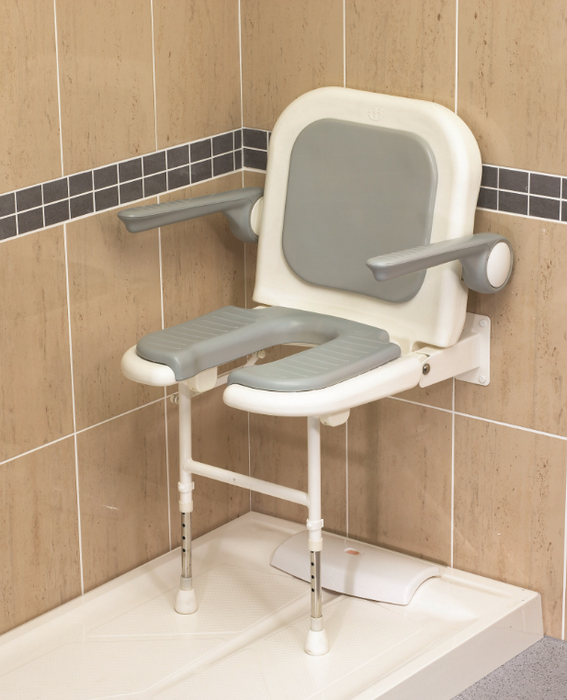 AKW 04260P Standard Horseshoe Wall Mounted Shower Seat with Grey Padded Back and Arms
