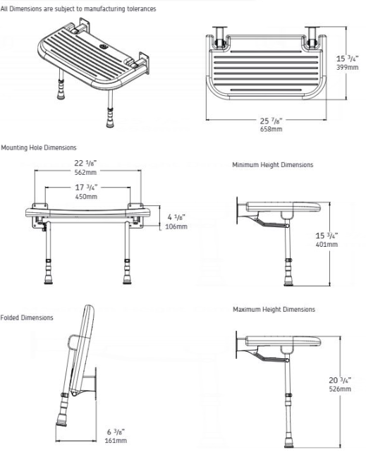 AKW 04570 Larger Extra Wide Wall Mounted Unpadded Shower Seat With Fold Up Legs