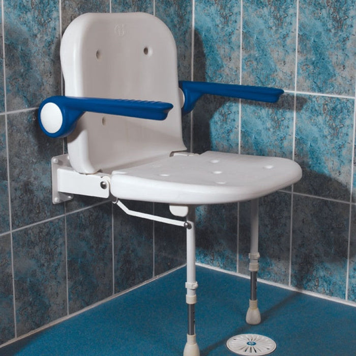 AKW 04130 Standard Wall Mounted Shower Seat with Back and Blue Padded Arms