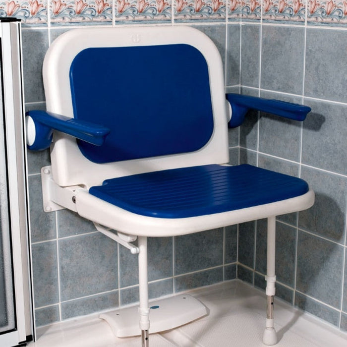 AKW 04140P Extra Wide Wall Mounted Blue Padded Shower Seat with Back and Arms