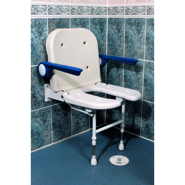 AKW 04160 Standard Horseshoe Shower Seat with Back and Blue Padded Arms