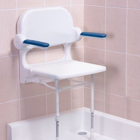 AKW 02230 Standard Fold Up Wall Mounted Shower Seat with Back and Blue Padded Arms