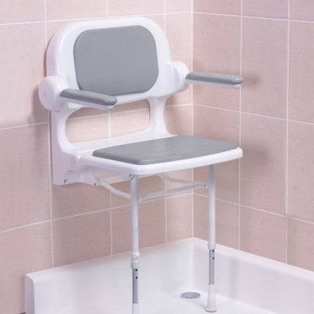 AKW 02130P Standard Wall Mounted Fold Up Grey Padded Shower Seat with Back and Arms