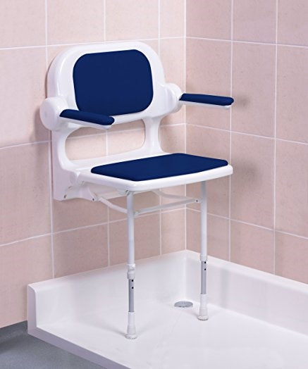AKW 02230P Standard Fold Up Wall Mounted Shower Seat with Blue Padded Back and Arms