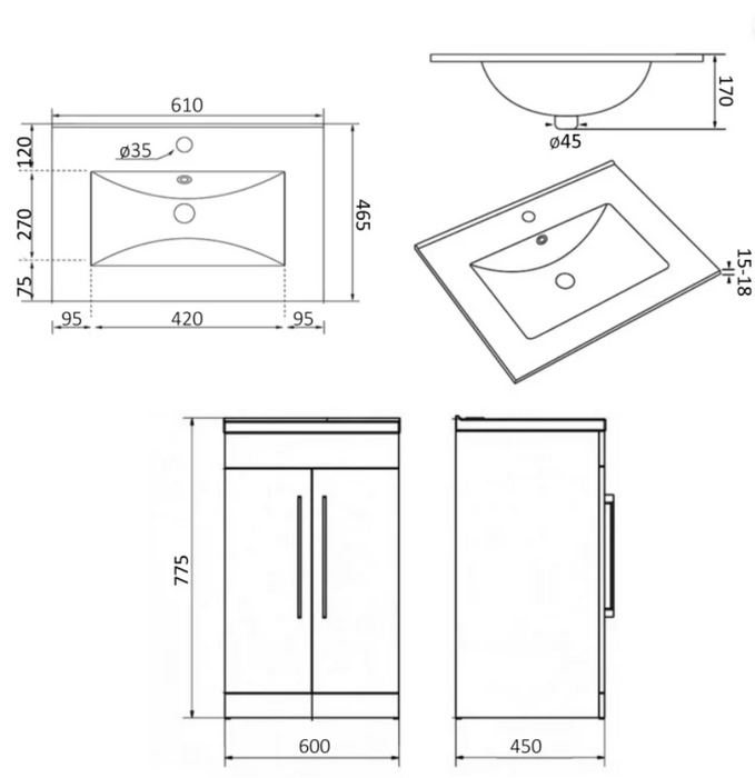 Kartell K-VIT Purity 600mm Floor Standing 2 Door Unit & Ceramic Basin White Gloss (FUR001PU-FUR057PU)
