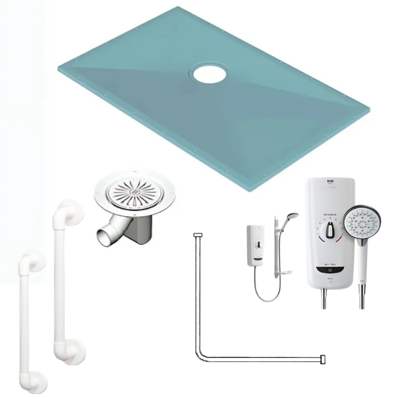 Essential Bathrooms DFG Wet Room Kit (Wet Floor Former, Waste, 2 x Grab Rails, Electric Shower, Curtain Rail & 2 Curtains)