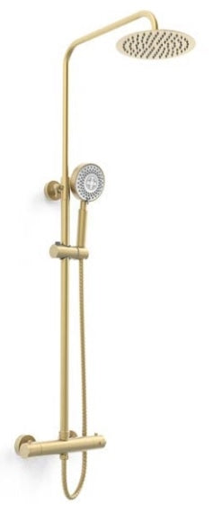 Kartell K-VIT Ottone Brushed Brass Option 1 Round Thermostatic Exposed Bar Shower with Ultra Slim Overhead Drencher and Sliding Handset (SHO140OT)