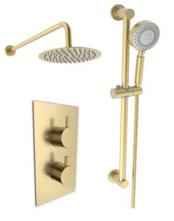 Kartell K-VIT Ottone Brushed Brass Option 4 Thermostatic Concealed Shower with Adjustable Slide Rail Kit and Fixed Overhead Drencher (SHO0142OT-SHO144OT-SHO143OT-SHO145OT)