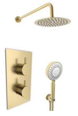 Kartell K-VIT Ottone Brushed Brass Option 5 Thermostatic Concealed Shower with Separate Hand Shower and Fixed Overhead Drencher (SHO142OT-SHO143OT-SHO146OT)