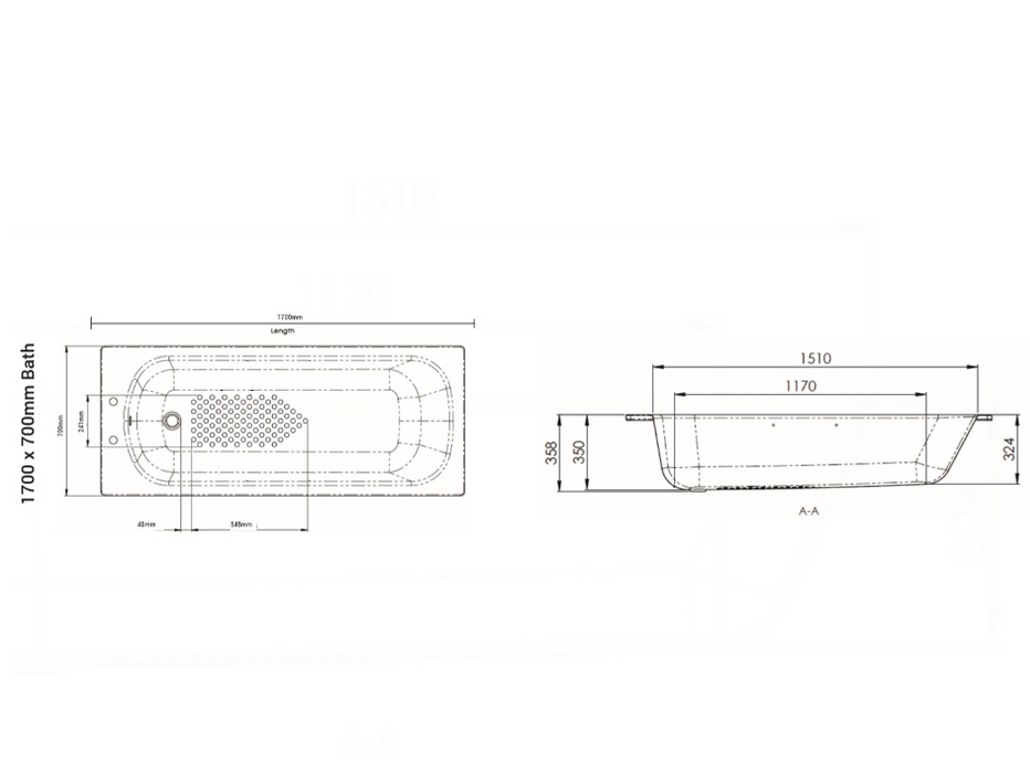 AKW 1700x700mm Steel Single Ended Anti Slip Bath (30800)