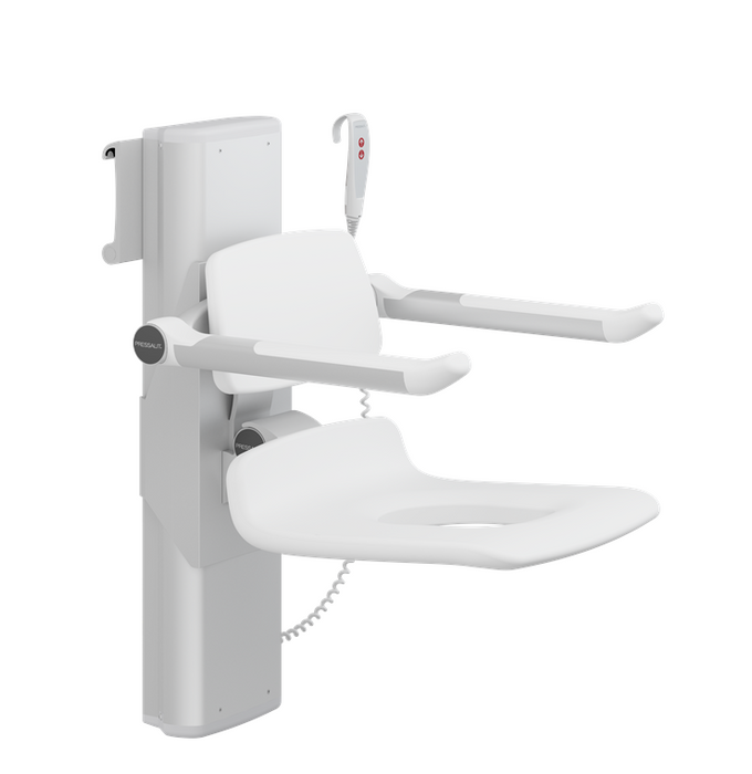 Pressalit PLUS Shower Seat 450 With Aperture, Electrically Height Adjustable And Manually Sideways Adjustable White (R7665000)