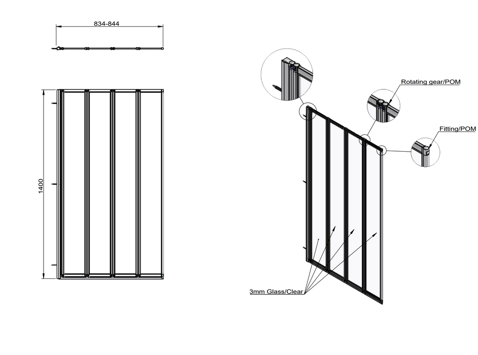 Kartell Aqualux 4 Fold Bath Screen Polished Silver or Black (AQ4FSLV)(AQ4FBLK)