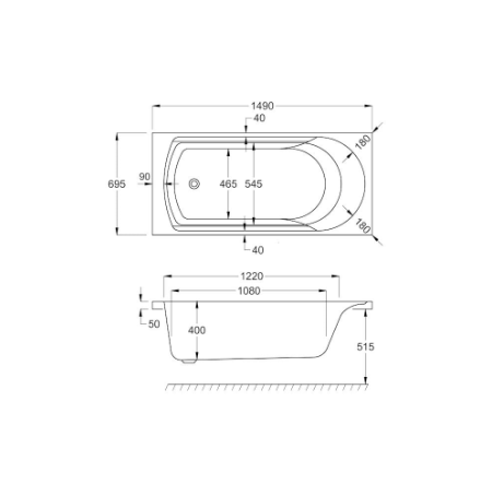 Kartell K-VIT Ark Rectangular Acrylic Single Ended Bath 1500mm x 700mm (ARK1570SE)
