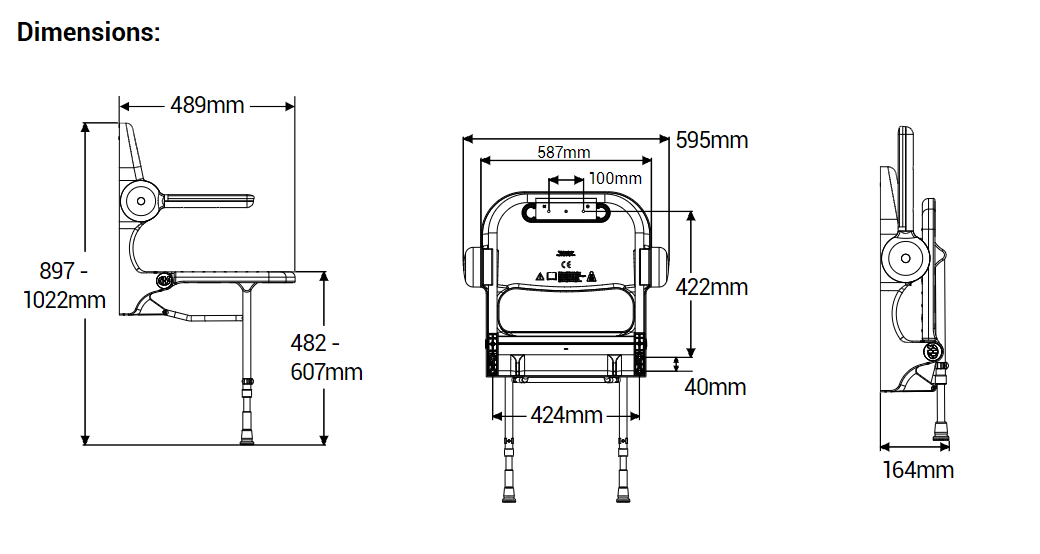 AKW 02130 Standard Wall Mounted Fold Up Shower Seat with Back and Grey Padded Arms