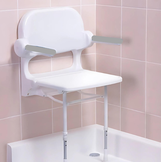 AKW 02130 Standard Wall Mounted Fold Up Shower Seat with Back and Grey Padded Arms