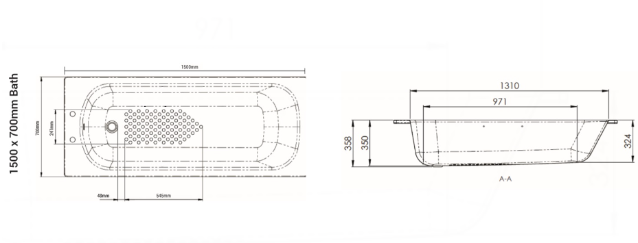 AKW 1500x700mm Steel Single Ended Anti Slip Bath (30802)