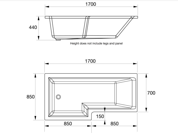 Kartell K-VIT Elite L-Shaped Shower Bath 1700x850mm Right Hand (BAT151EL)
