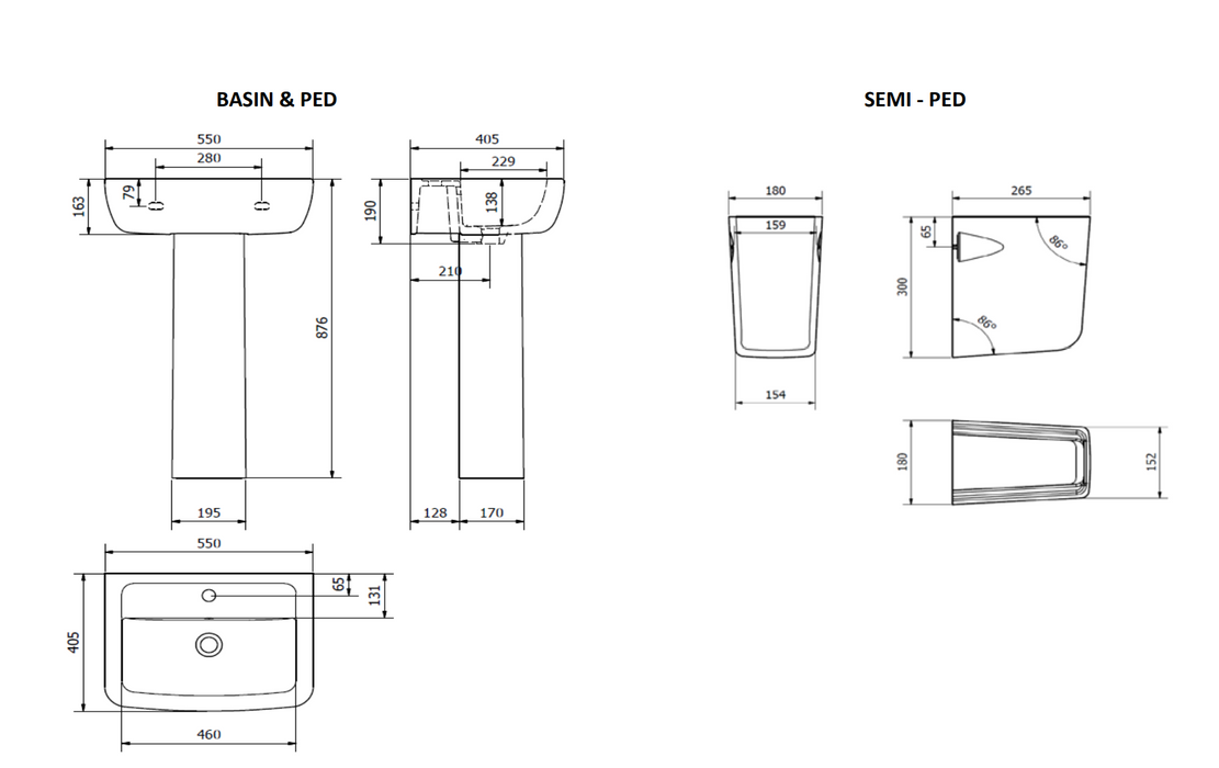 Kartell K-VIT Options 600 550mm 1 Tap Hole Basin with Pedestal Options-White Gloss (POT085OP)
