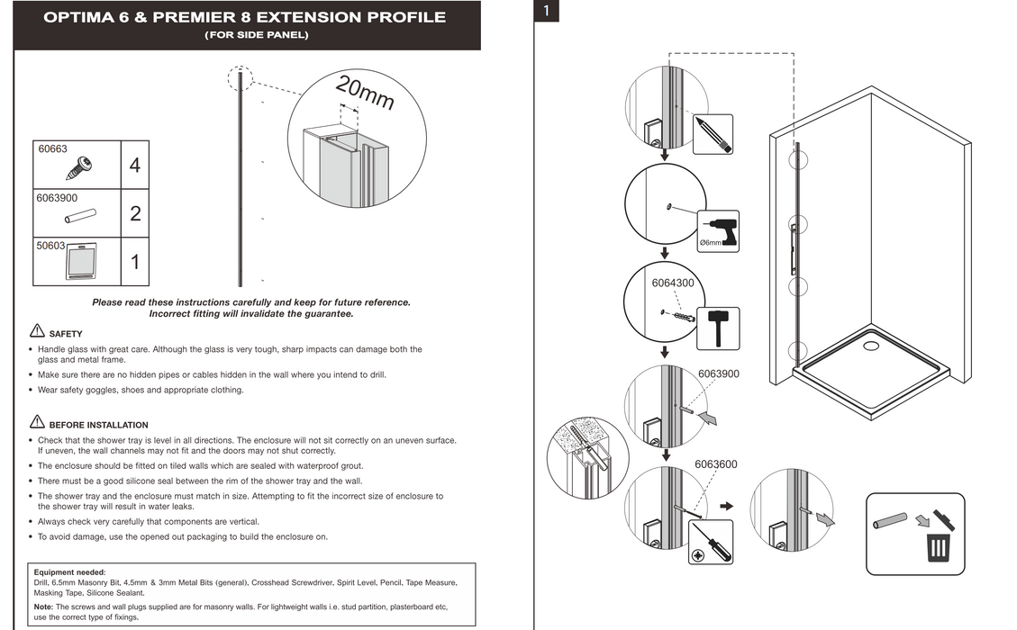 Impey Coram Optima 6 Extension Profile Pack For Double Sliding Door 20mm Chrome (O6ESD20C)