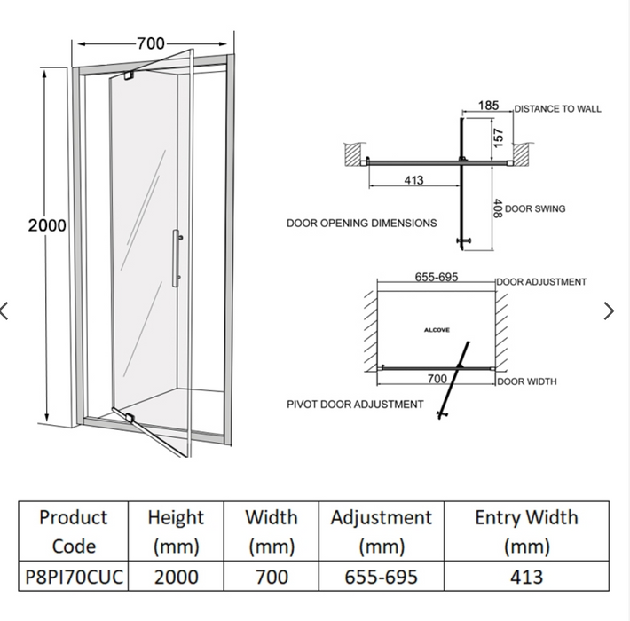 Impey Coram 8mm Plain Glass Premier 8 Chrome 700mm Wide Pivot Shower Door Clear (P8PI70CUC)