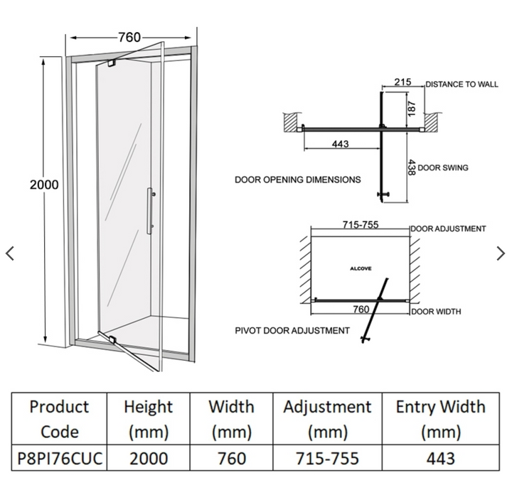 Impey Coram Premier 8 8mm Plain Glass 760mm Wide Pivot Shower Door Chrome(P8PI76CUC)