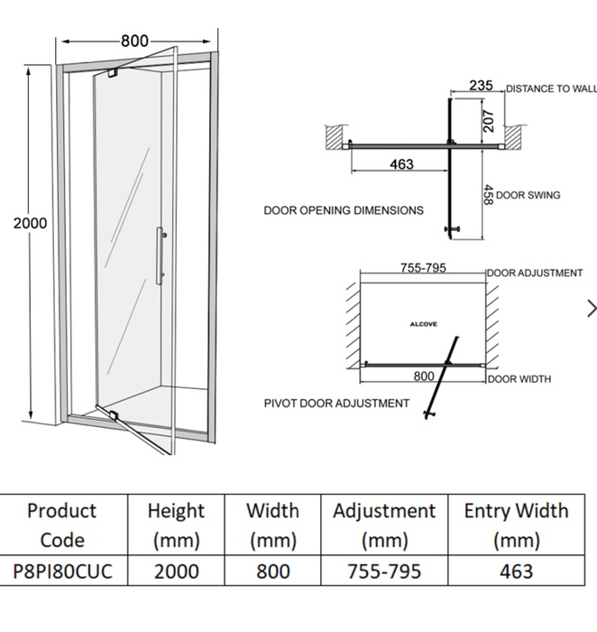 Impey Coram Premier 8 8mm Plain Glass 800mm Wide Pivot Shower Door Chrome (P8PI80CUC)