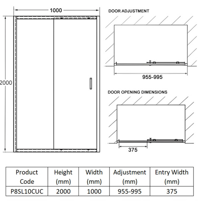 Impey Coram Premier 8 8mm Plain Glass 1000mm Wide Sliding Shower Door Chrome (P8SL10CUC)