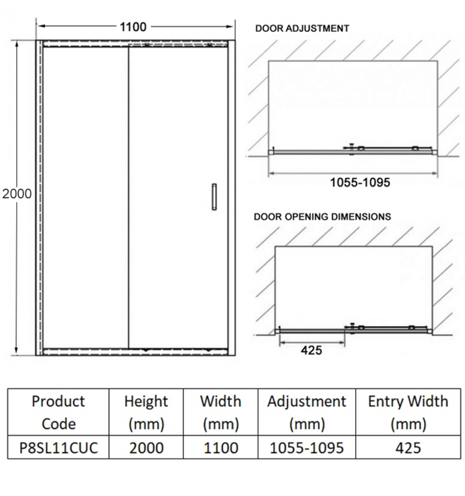 Impey Coram Premier 8 8mm Plain Glass 1100mm Wide Sliding Shower Door Chrome (P8SL11CUC)