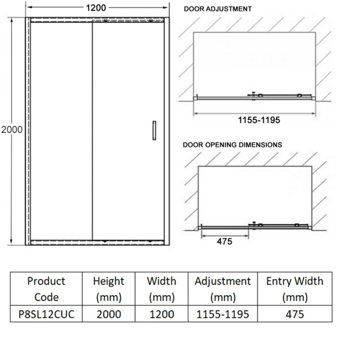 Impey Coram Premier 8 8mm Plain Glass 1200mm Wide Sliding Shower Door Chrome  (P8SL12CUC)