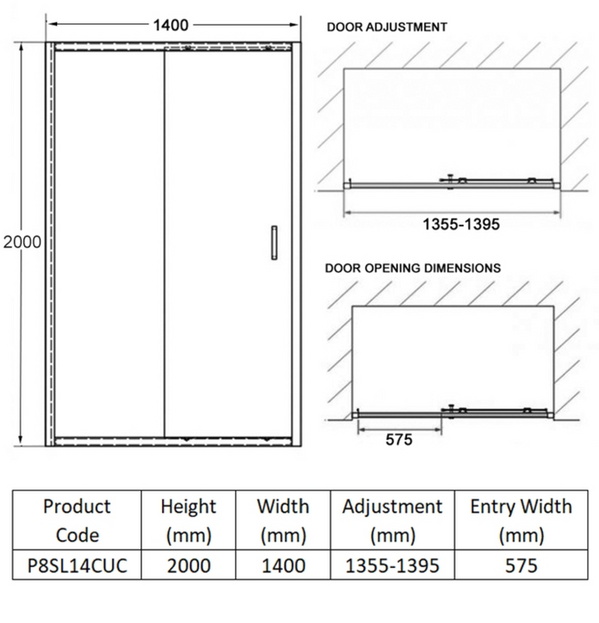 Impey Coram Premier 8 8mm Plain Glass 1400mm Wide Sliding Shower Door Chrome (P8SL14CUC)