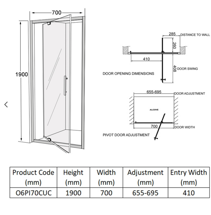 Impey Coram Optima 6 700mm Pivot Door Chrome Clear Glass (O6PI70CUC)
