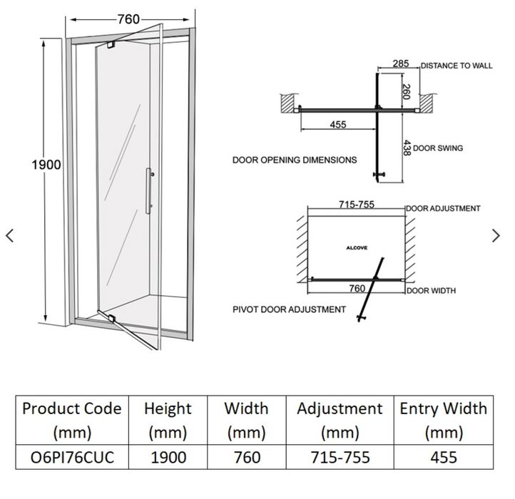 Impey Coram Optima 6 760mm Pivot Door Clear Glass Chrome (O6PI76CUC)
