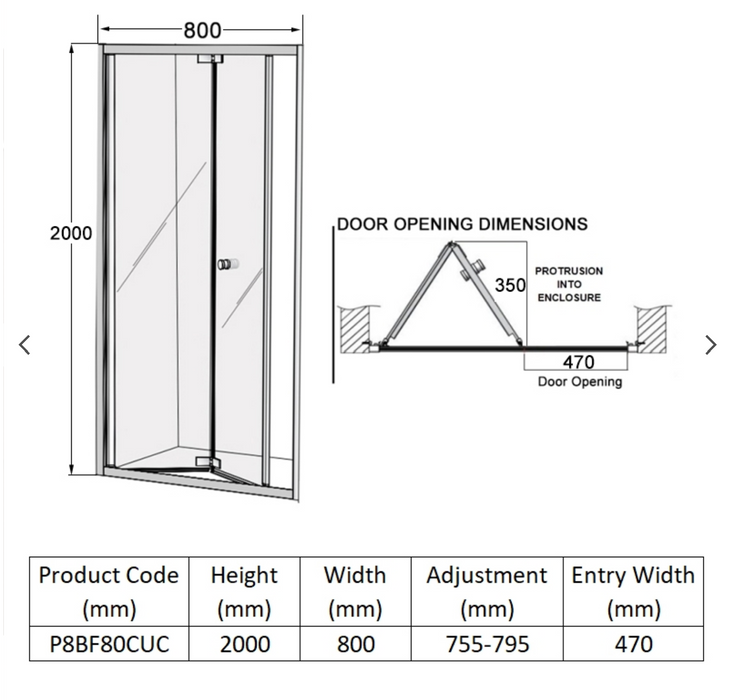 Impey Coram Premier 8 8mm Plain Glass 800mm Wide Bi-Fold Shower Door Chrome (P8BF80CUC)