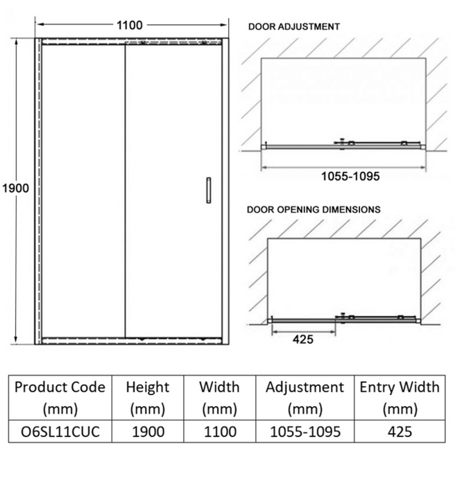 Impey Coram Optima 6 6mm Plain Glass 1100mm Wide Sliding Shower Door Chrome (O6SL11CUC)