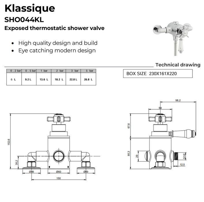 Kartell K-VIT Klassique Option 4 Thermostatic Exposed Shower with Adjustable Slide Rail Kit (SHO044KL)(SHO100SR)