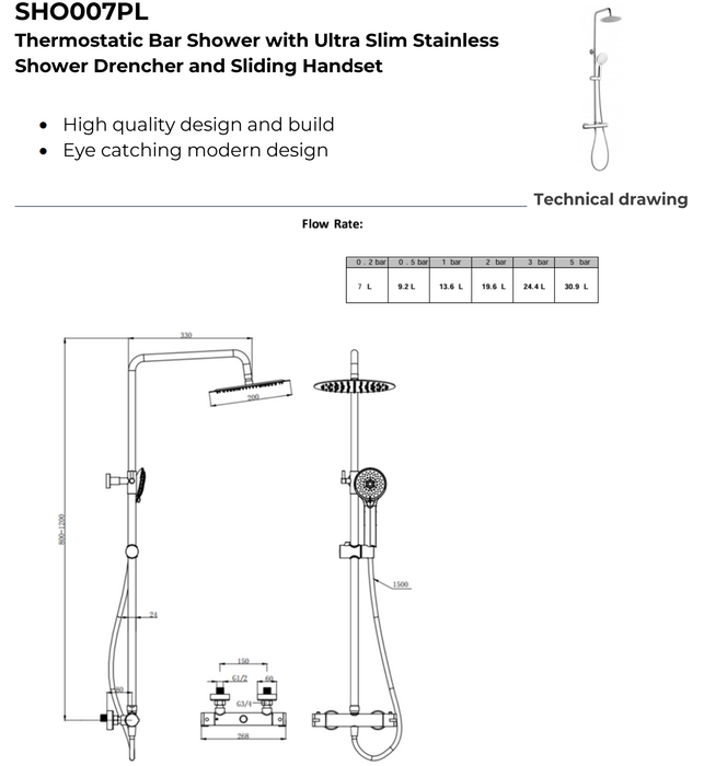 Kartell K-Vit Plan Option 7 Thermostatic Bar Shower with Ultra Slim Stainless Shower Drencher and Sliding Handset (SHO007PL)