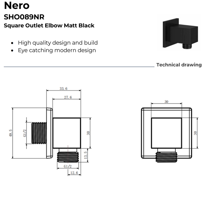 Kartell K-VIT Nero Square Option 4 Thermostatic Shower (with Diverter) Slide Rail Kit and Fixed Overhead Drencher Matt Black (SHO049NS)(SHO058NS)(SHO089NS)(SHO056NS)