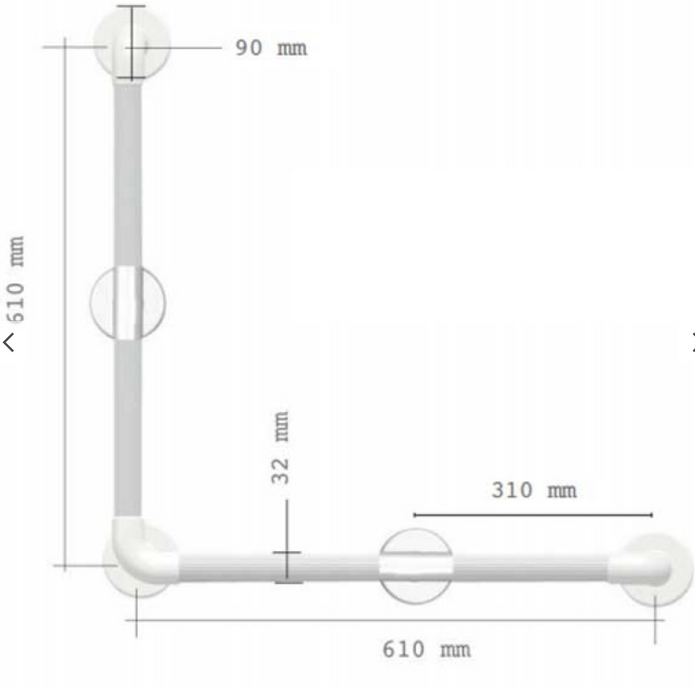 AKW 1900 Series Heavy Duty Plastic Fluted Grab Rail 32mm dia 610mm long x 90° Angle White (01925WH)