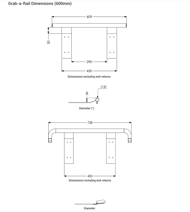 AKW Grab-A-Rail 600mm and 1000mm White (GAR600WH)(GAR1000WH)