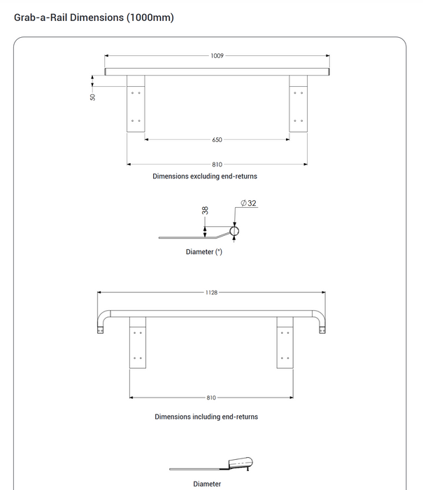 AKW Grab-A-Rail 600mm and 1000mm White (GAR600WH)(GAR1000WH)