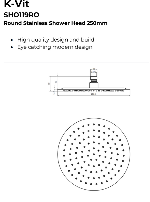 Kartell K-VIT Round Stainless Steel Shower Head -Chrome (SHO118RO)(SHO119RO)(SHO120RO)
