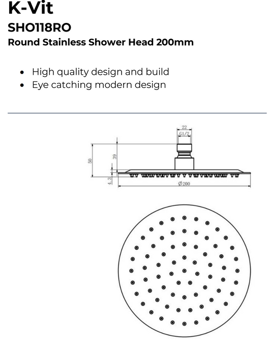 Kartell K-VIT Round Stainless Steel Shower Head -Chrome (SHO118RO)(SHO119RO)(SHO120RO)