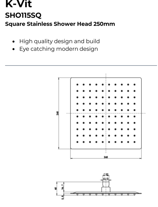 Kartell K-VIT Square Stainless Shower Head -Chrome (SHO114SQ)(SHO115SQ)(SHO116SQ)