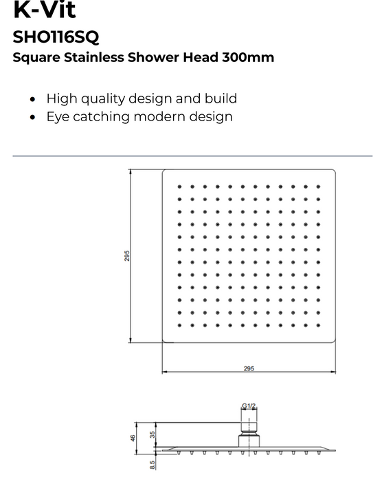Kartell K-VIT Square Stainless Shower Head -Chrome (SHO114SQ)(SHO115SQ)(SHO116SQ)